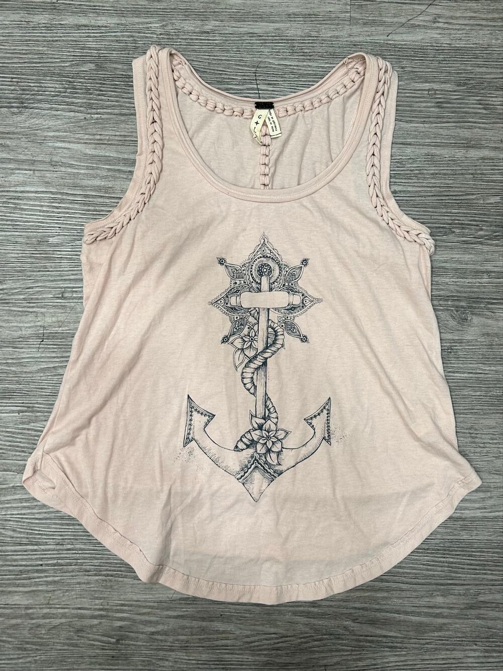 We The Free Free People Pink Anchor Graphic Tank Top Size Large Braided Straps